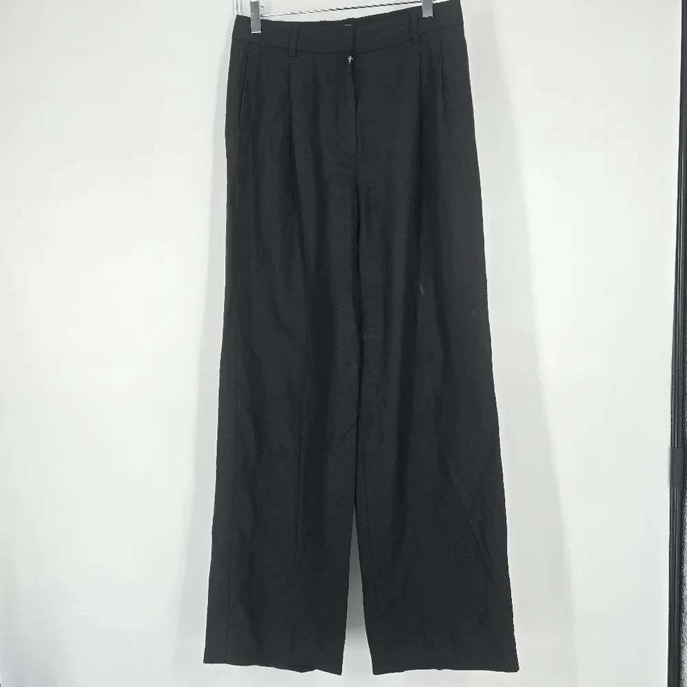 Babaton Aritzia Linen Black Wide Leg Pleated Pants Size 6